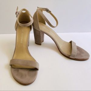 STUART WEITZMAN Nearly Nude Nudist Naked Taupe Suede Block Heel Sandals Heels  7